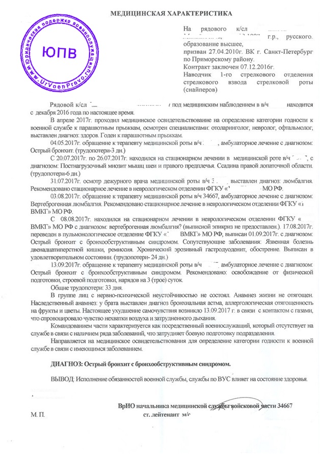 Образец служебной характеристики на военнослужащего направляемого на медицинское освидетельствование